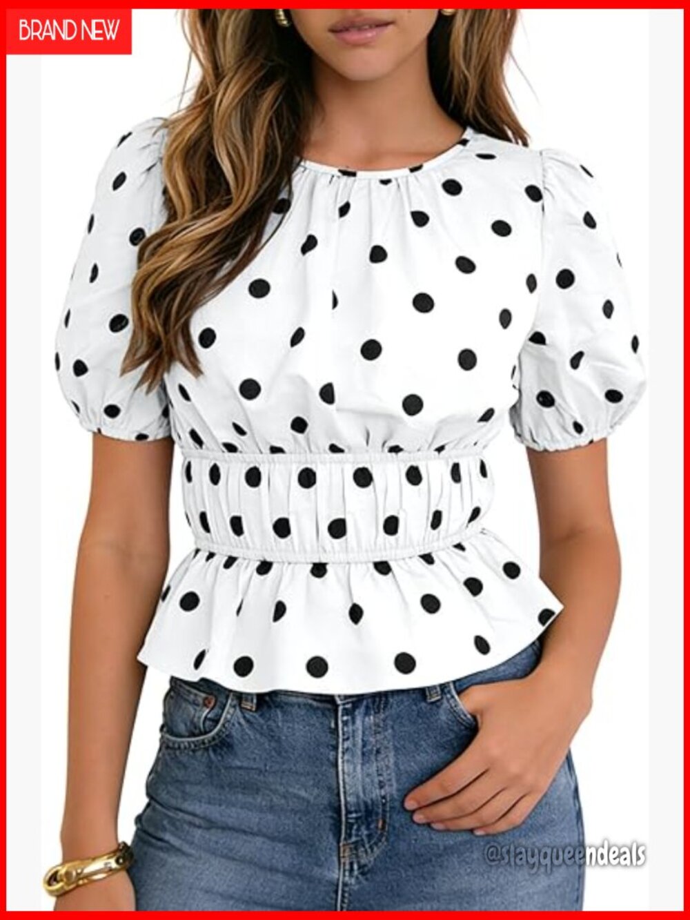 Women's Polka Dot Peplum Blouse with Puff Sleeves, Lightweight Cotton Summer Top